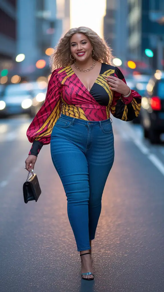 high waisted jeans statement top