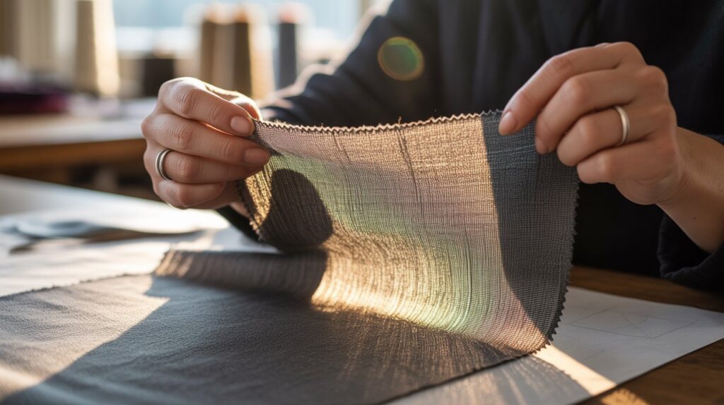 Professional fashion buyer examining fabric quality by holding wool material up to natural light to assess weave density