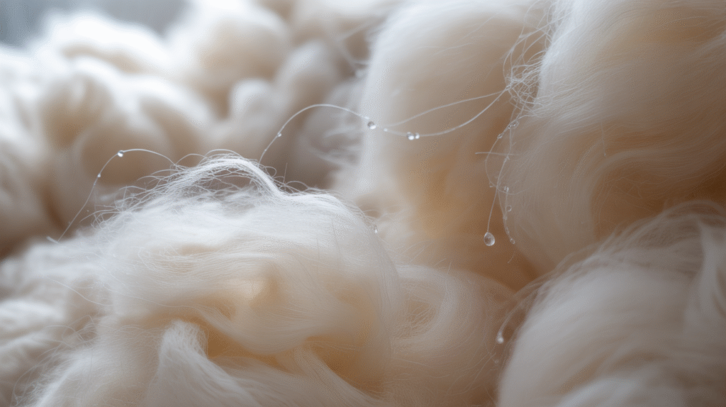 Macro view of merino wool fibers showing natural crimp structure for temperature regulation