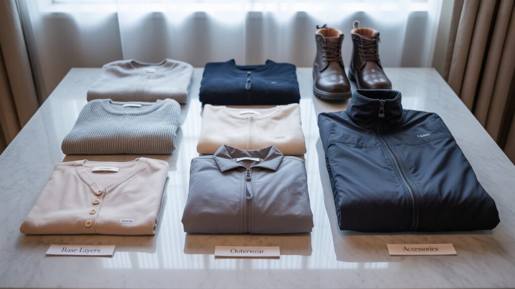 Complete climate-adaptive capsule wardrobe flat lay showing 15-20 versatile travel pieces