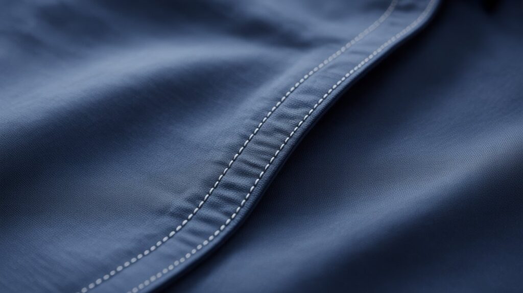 Detailed macro view of French seam construction in luxury garment showing professional stitching technique and thread quality