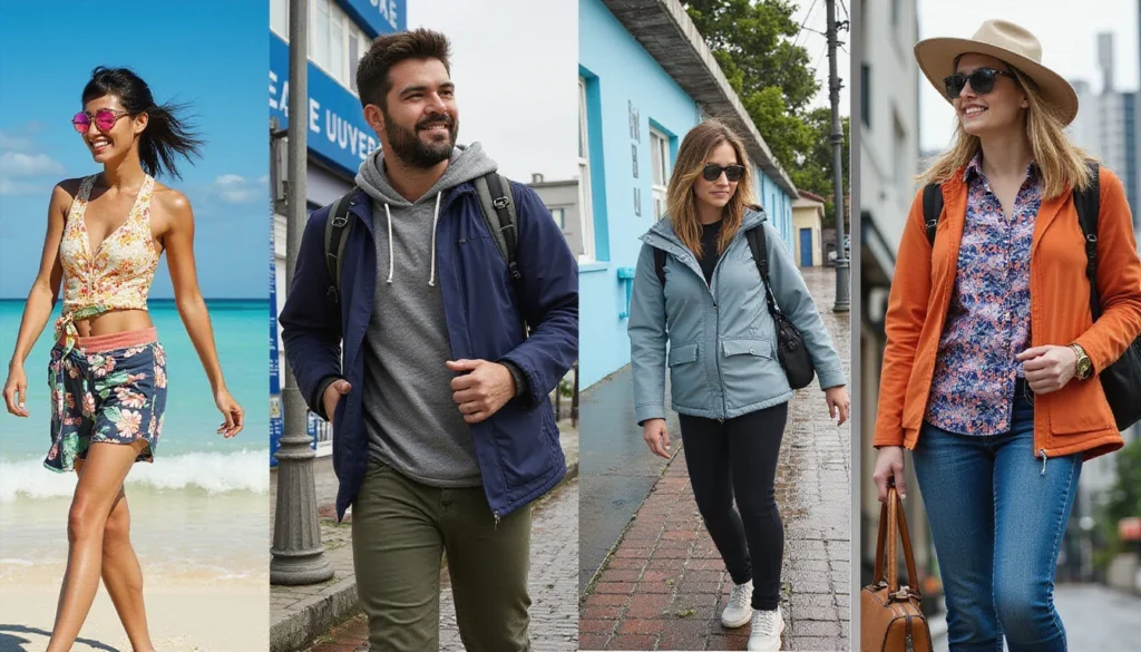 Traveler wearing same capsule wardrobe pieces adapted for four different climates