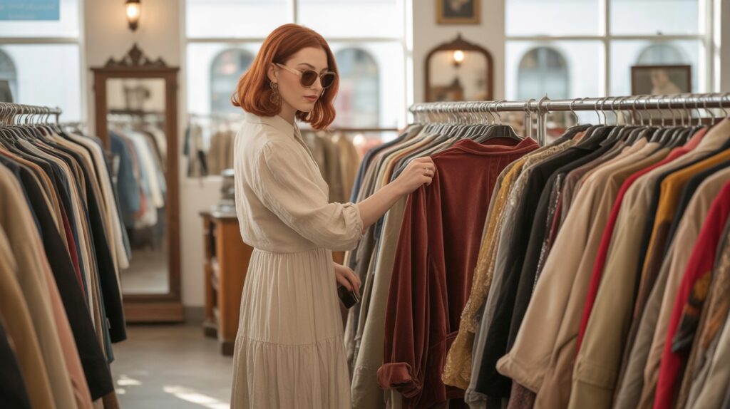 Professional thrift shopper browsing organized racks of quality clothing in upscale consignment store during optimal shopping hours