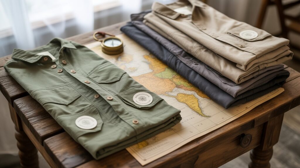 Sustainable travel clothing made from eco-friendly materials with certification labels