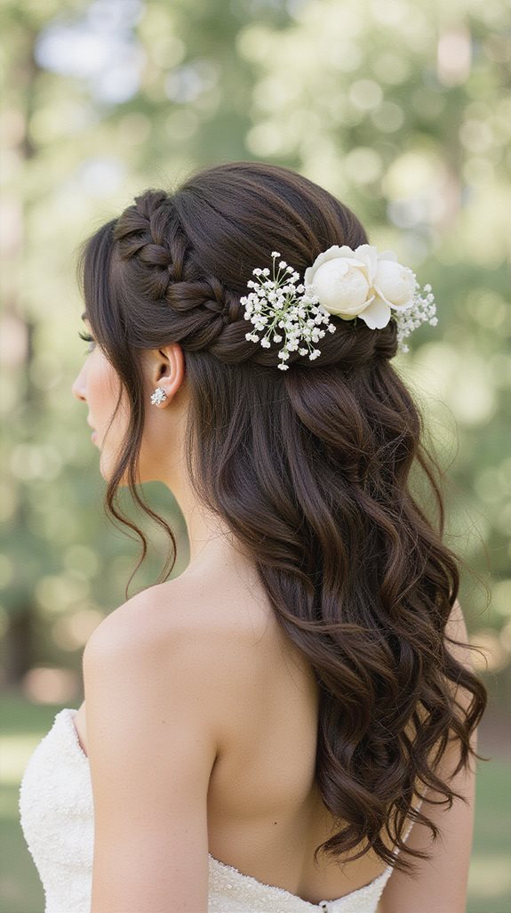 braided floral half updo hairstyle