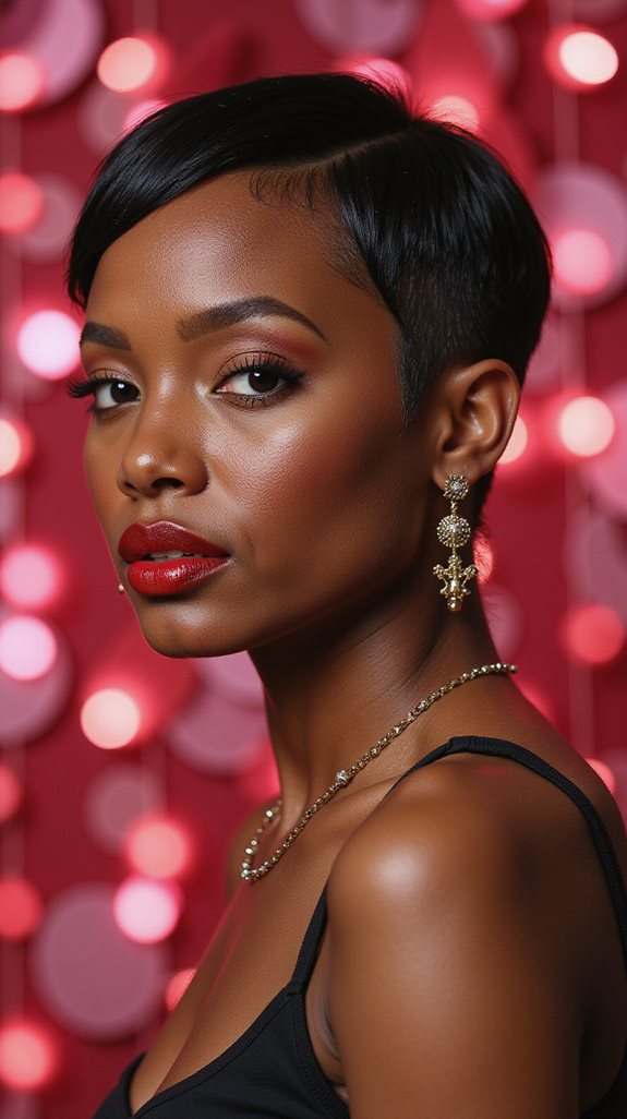 slicked back pixie bold lips