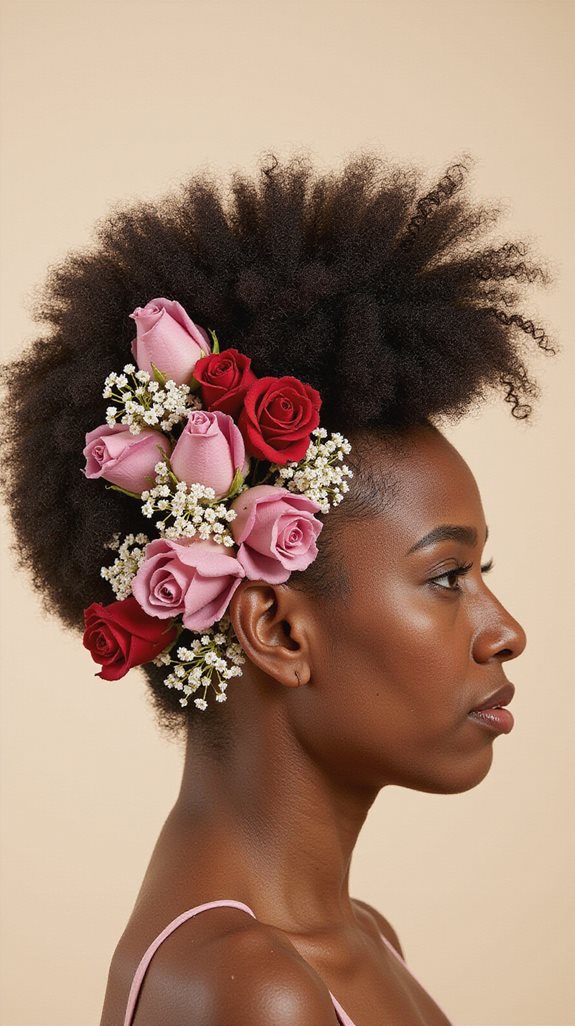 textured afro with florals