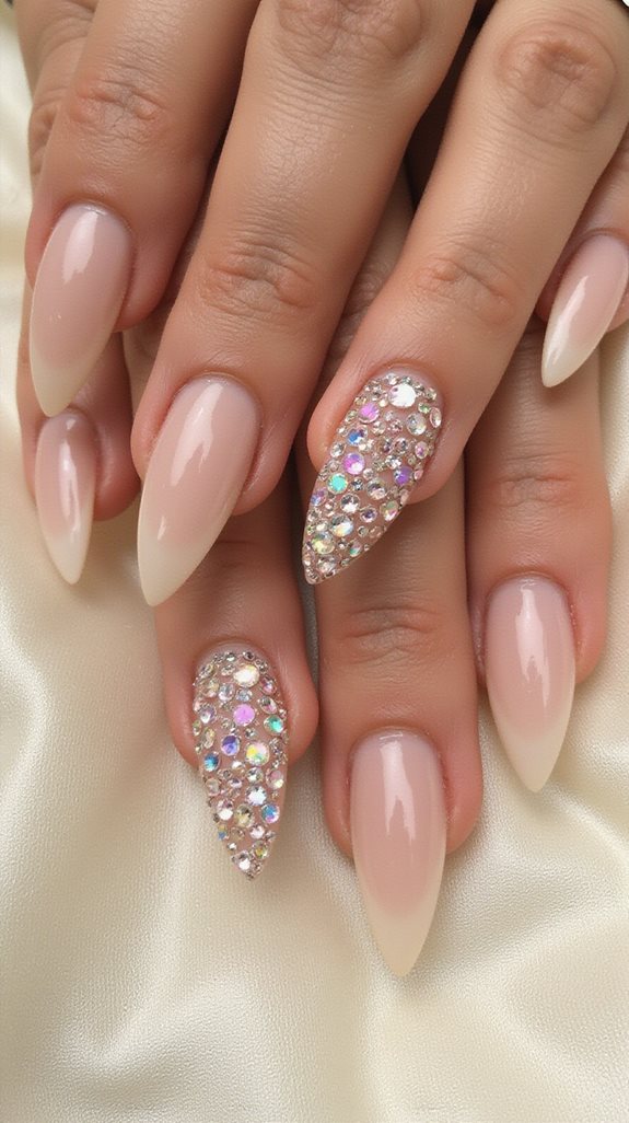 elegant nude rhinestone nails