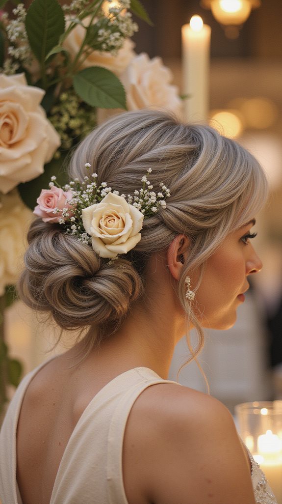 elevate updo with floral accents
