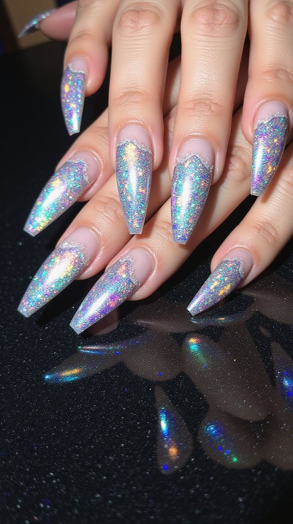holographic glam stiletto nails