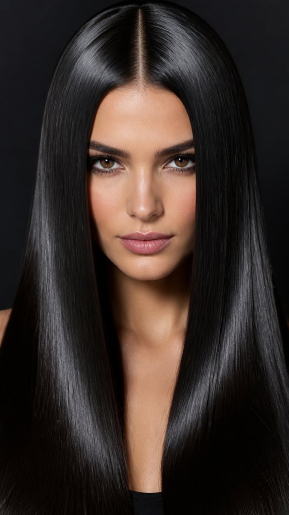 glossy center parted straight hair