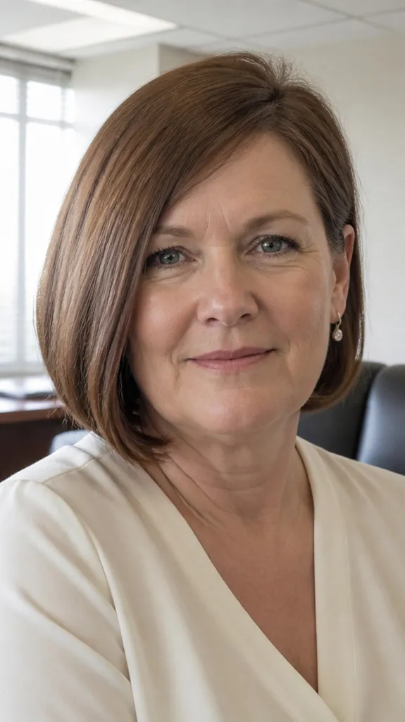 woman in her fifties with a round face and an angled A-line bob longer at the front