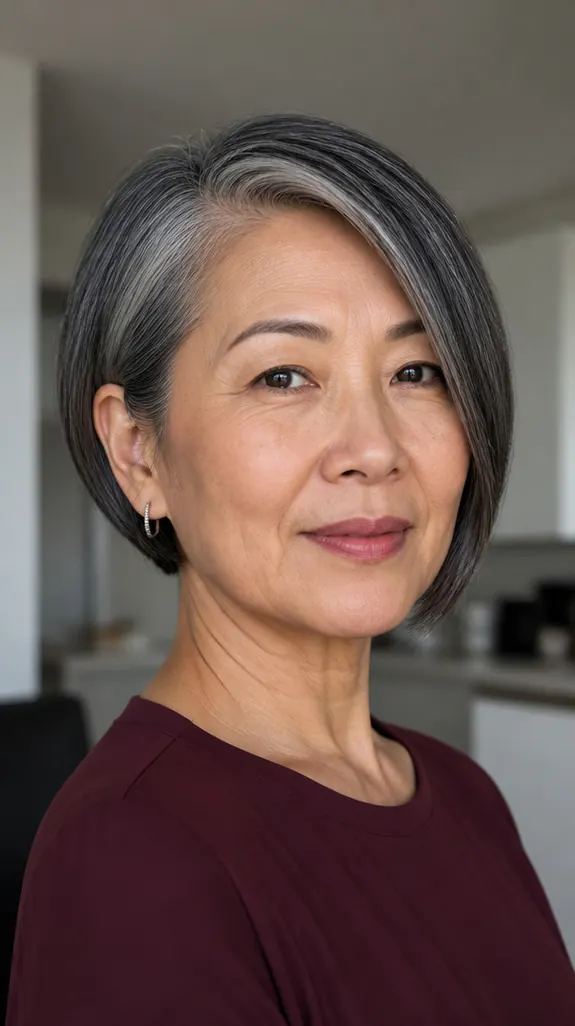 East Asian woman over 50 with an angled bob and a deep side part