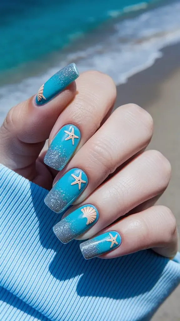 aqua nails with starfish and wave accents on a blue towel