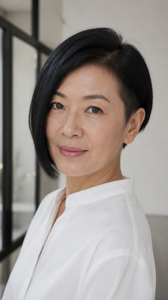 woman in her fifties with an asymmetrical bixie longer on one side