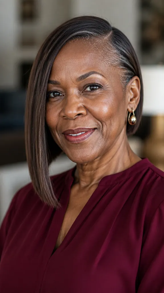 Black woman over 50 with an asymmetrical bob on fine relaxed hair