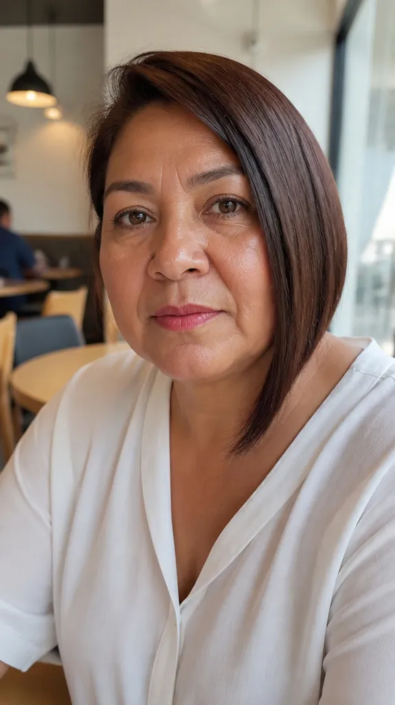 woman in her fifties with a round face and an asymmetrical bob longer on one side