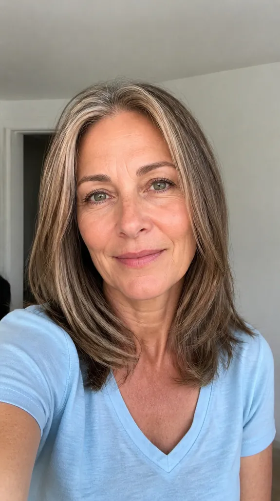 woman in her fifties with fine babylights along her part and hairline
