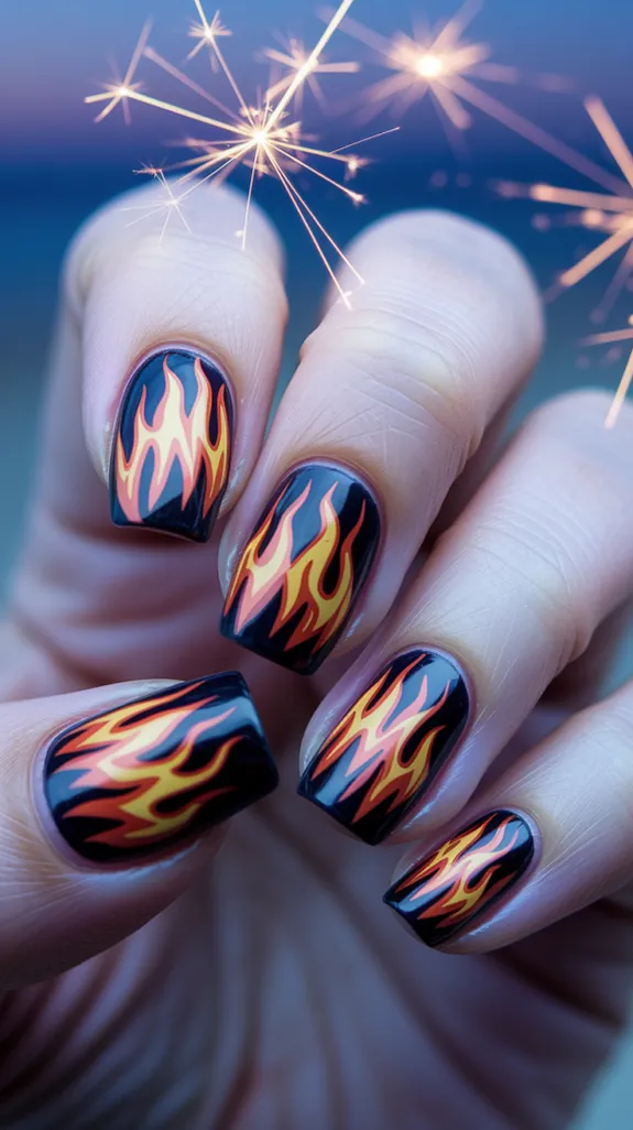 black nails with orange and red flame art and sparklers