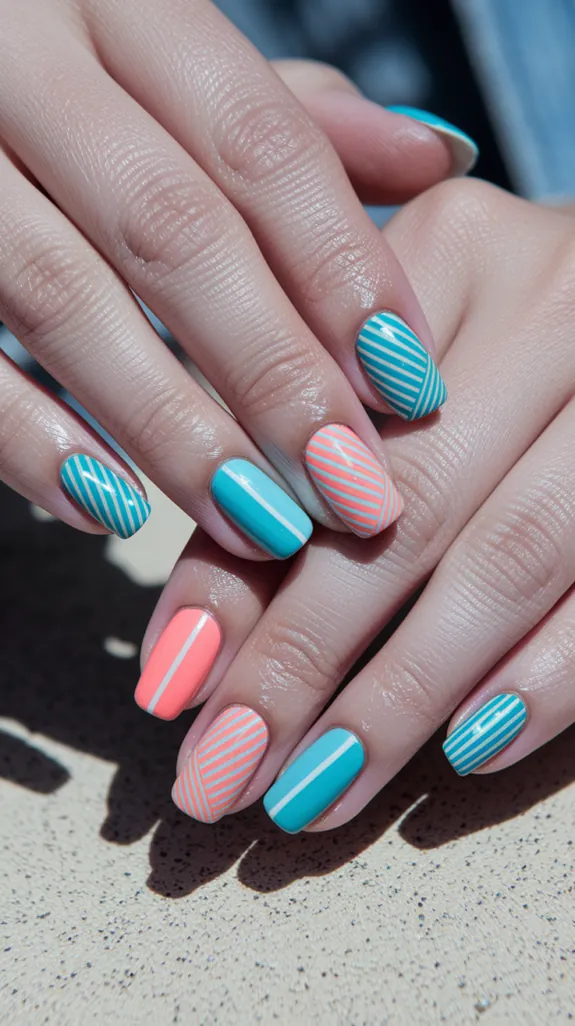 coral and turquoise striped beach umbrella nails