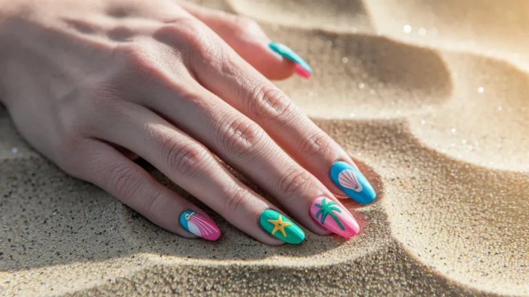 hand resting on sand with seashell, palm tree and starfish vacation nails