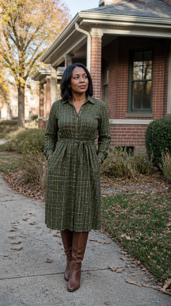 woman in her fifties in a belted flannel shirt dress with tall boots