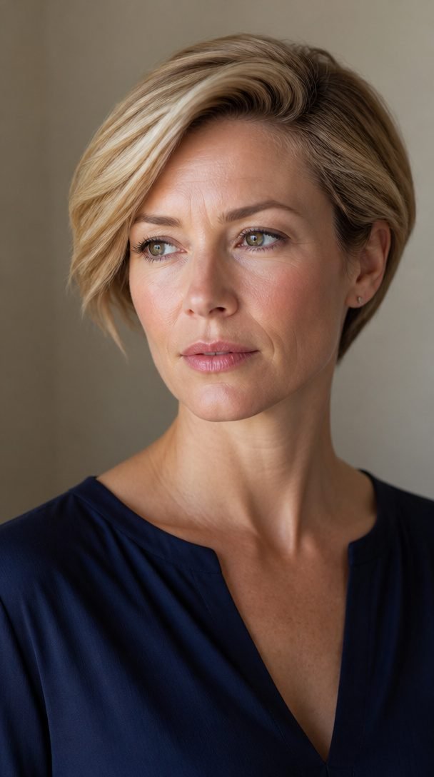 Bixie cut with a deep side part on fine honey-blonde hair