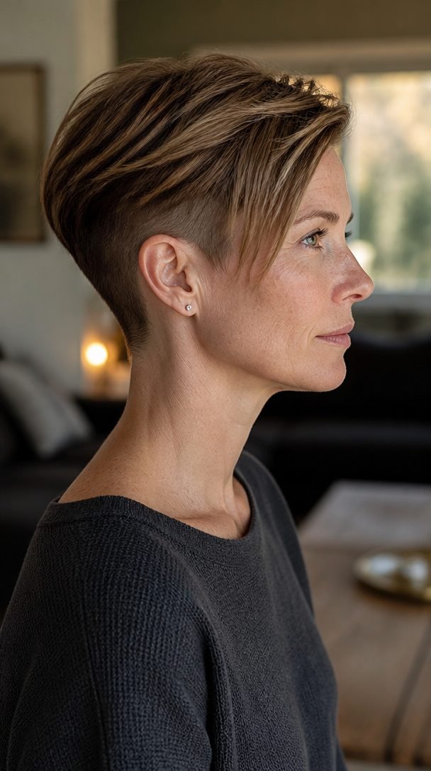 Bixie cut with a short clipped undercut under longer top layers