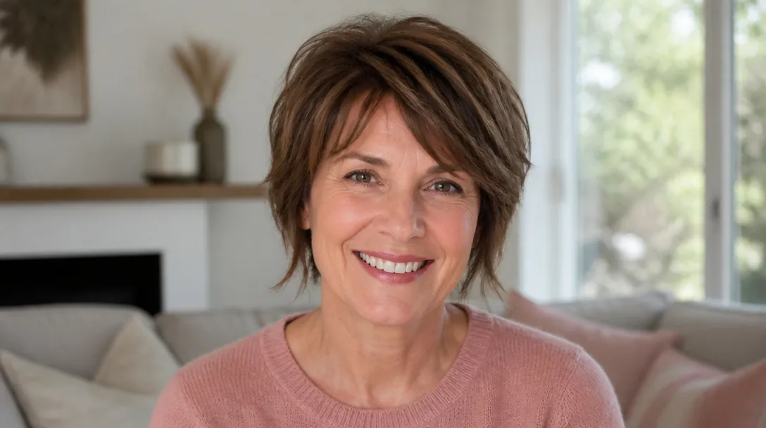 smiling woman in her fifties with a thick layered bixie haircut