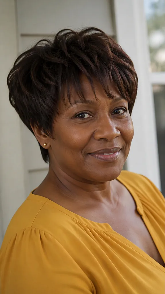 woman in her fifties with a textured bixie haircut