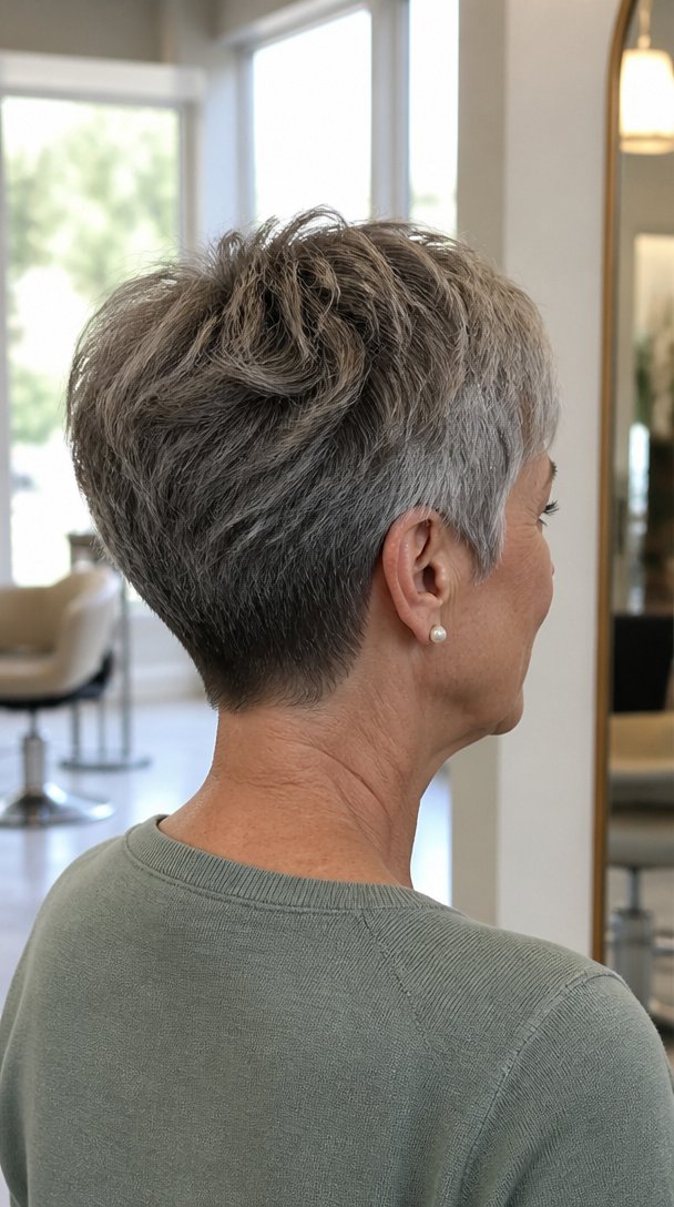 back view of a salt-and-pepper bixie with a tapered nape