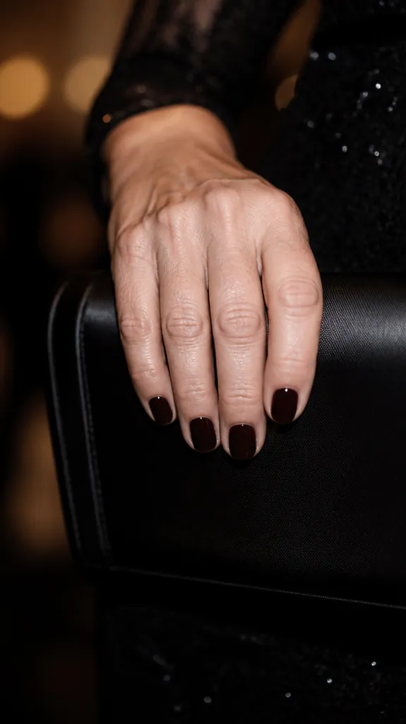 short nails in a dark black cherry red polish
