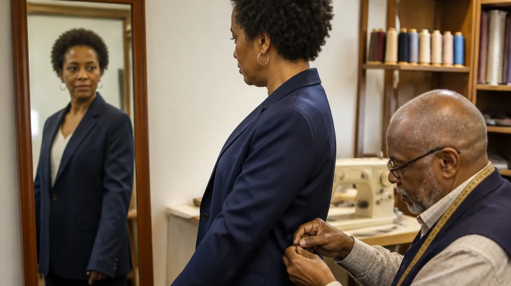 tailor pinning a navy blazer for a better fit on a woman in her forties