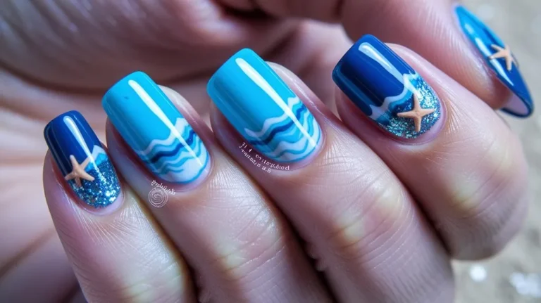 a hand with mixed blue beach nails in aqua, navy and cobalt with wave and starfish details