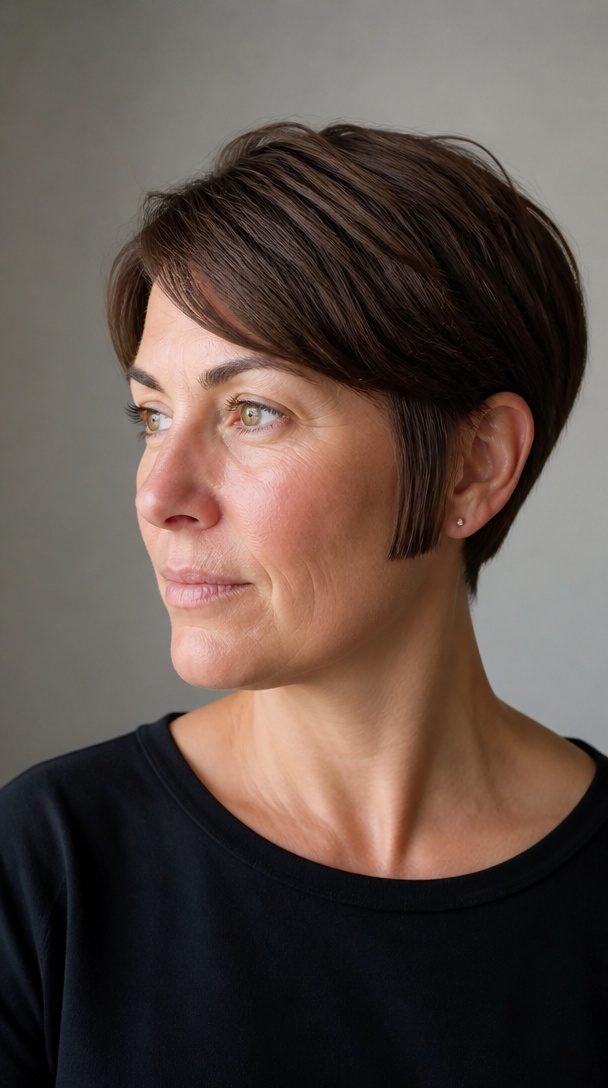Sleek blunt bixie with a clean ear-length line on fine brown hair