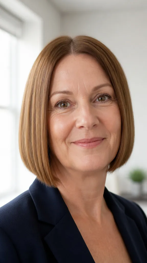 woman in her fifties with a chin-length blunt bob