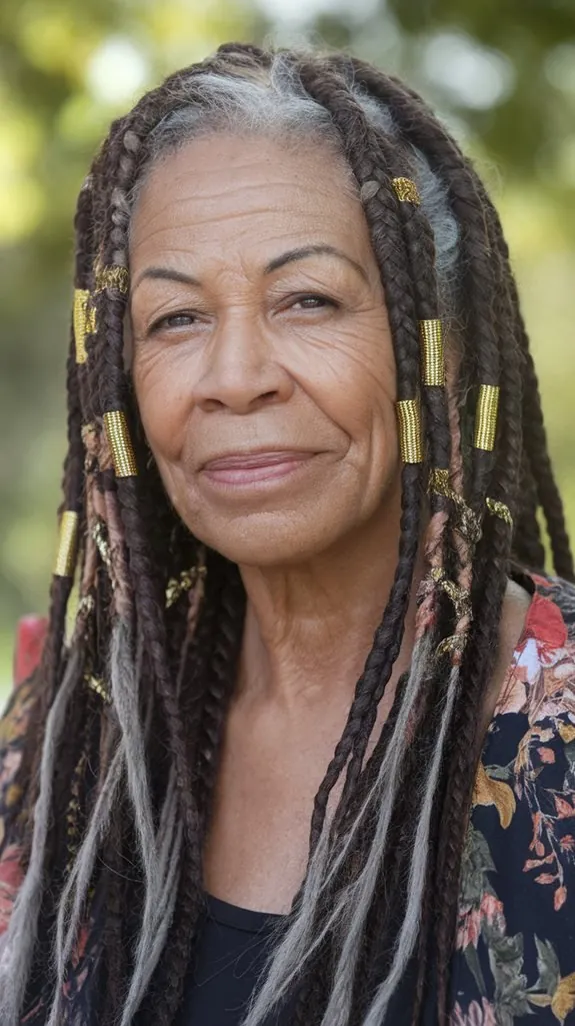 older Black woman with bohemian braids and gold cuffs