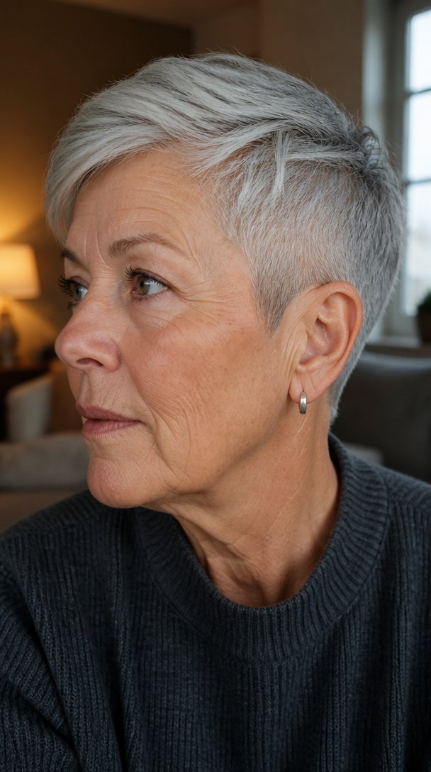 silver pixie cut with a short clipped undercut above the ear