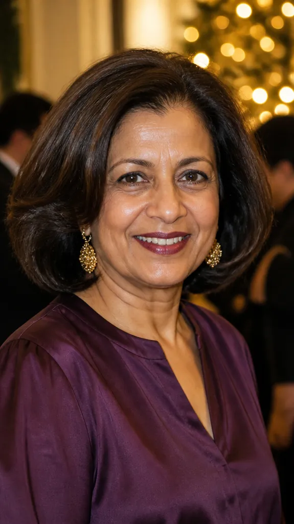 South Asian woman in her fifties with a bouncy, voluminous blowout bob
