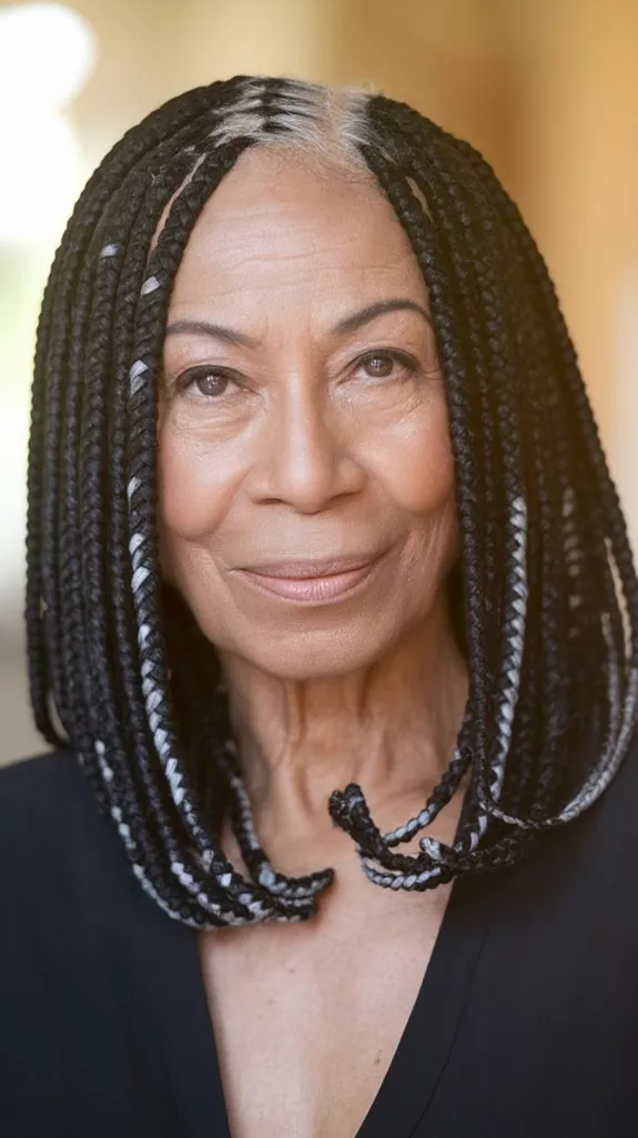 Black woman over 50 with a shoulder-length box braid bob