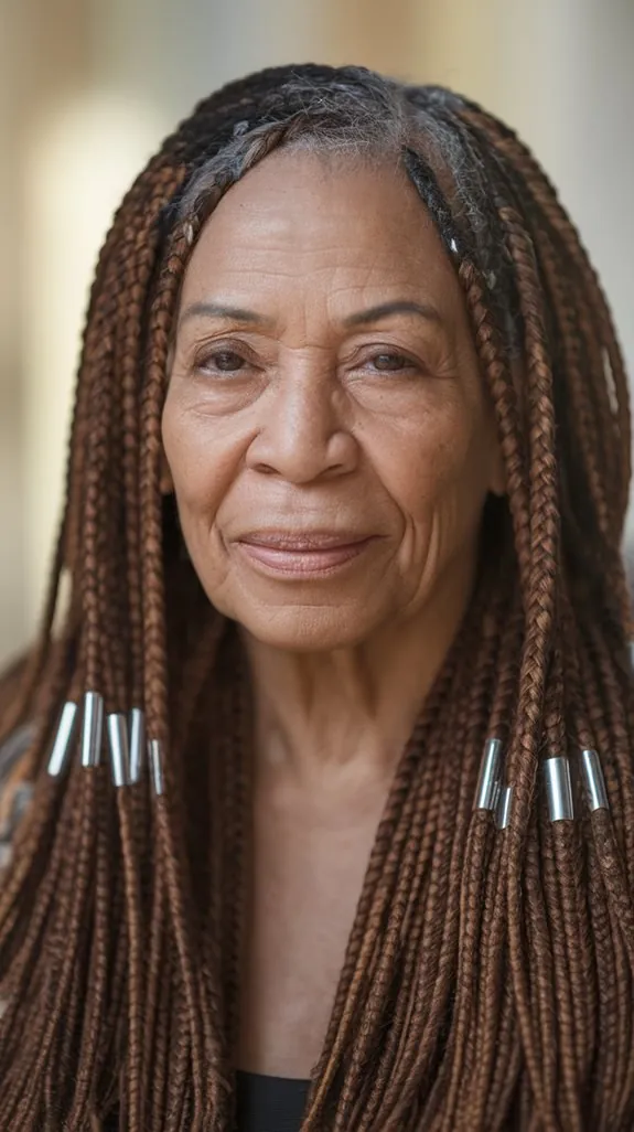 Black woman over 50 with long brown box braids and silver cuffs