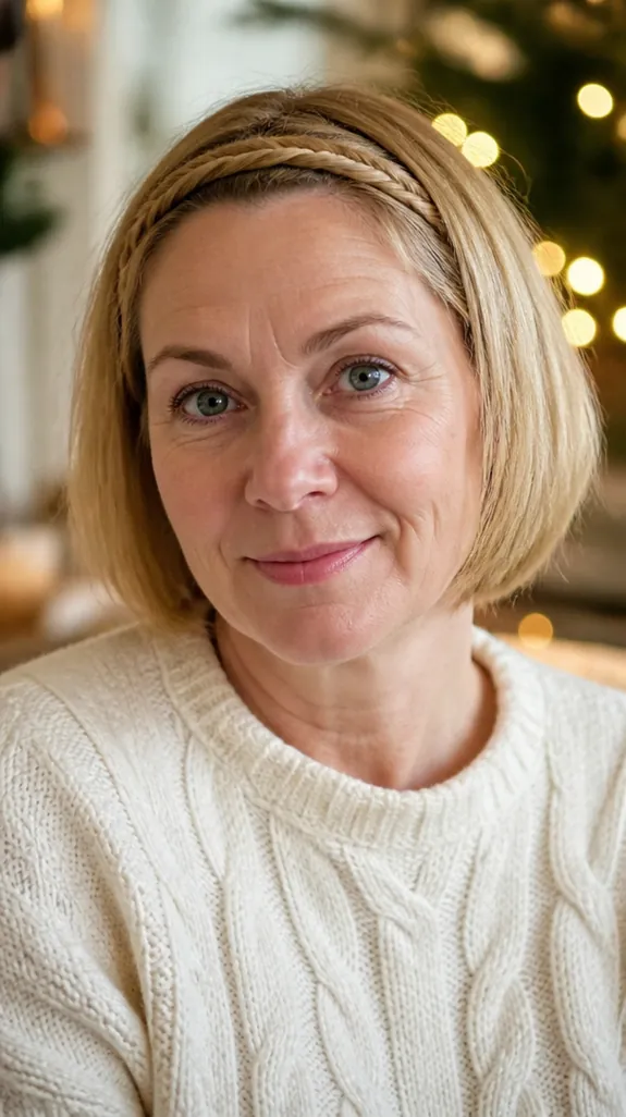 woman in her fifties with a thin braid across the front of a short bob