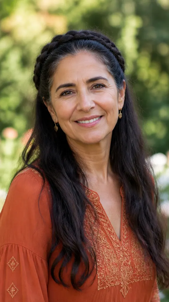 Middle Eastern woman over 50 with a braided crown and long loose waves
