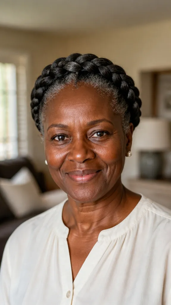Black woman over 50 with a braided crown updo