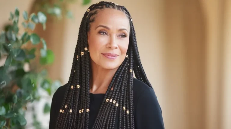 Black woman over 50 with long black box braids and gold cuffs