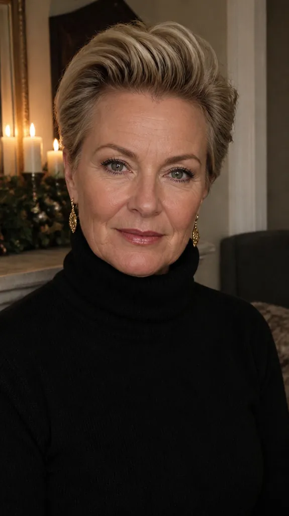woman in her late fifties with a brushed-back pixie with soft volume on top