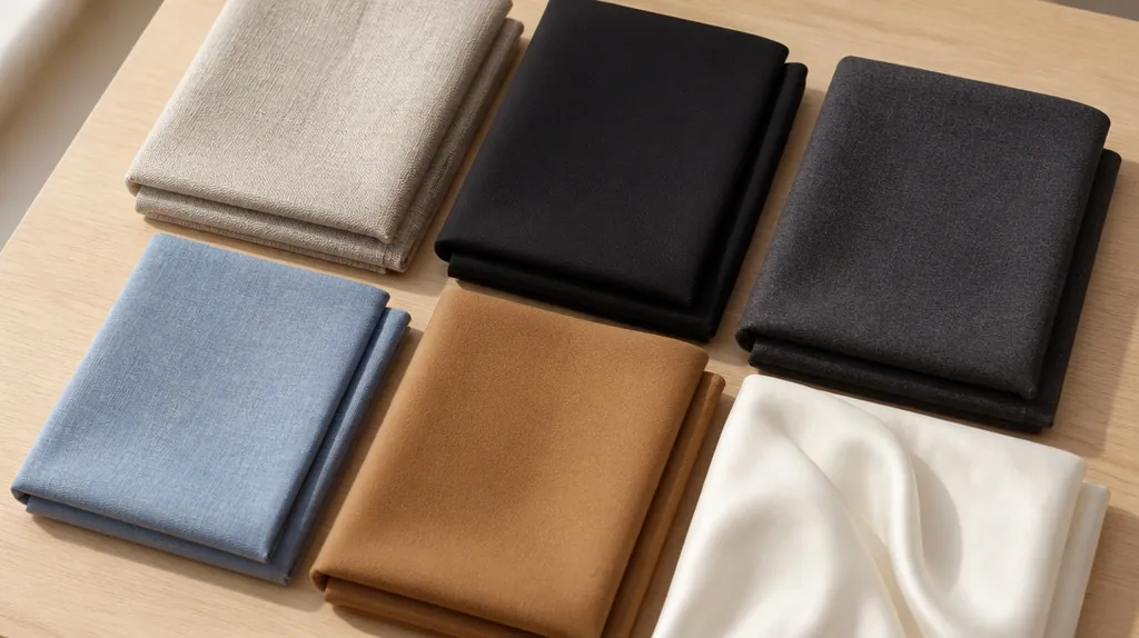 folded linen, crepe, ponte knit and wool fabrics in neutral colors laid out on a table