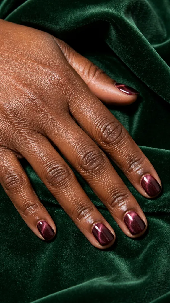 short nails in a burgundy velvet magnetic finish