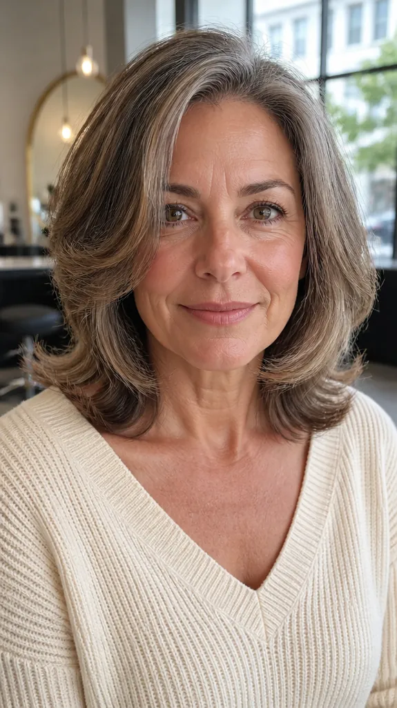woman in her fifties with butterfly layers and a voluminous blowout