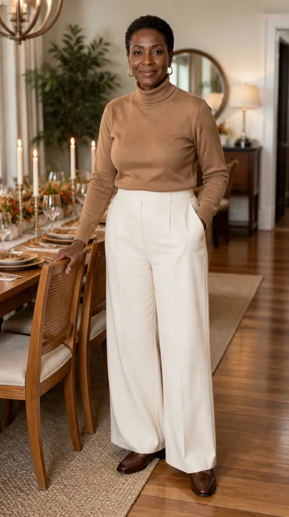 woman in her fifties in a camel turtleneck and wide-leg trousers